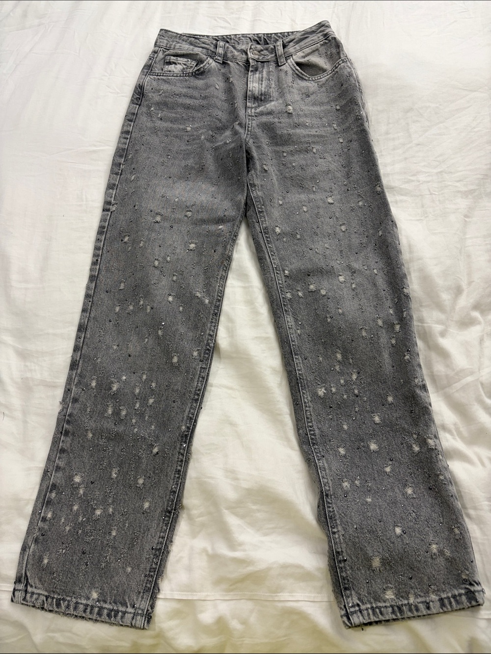 Liu Jo Gray Straight-Leg Rhinestone & Distressed Jeans
